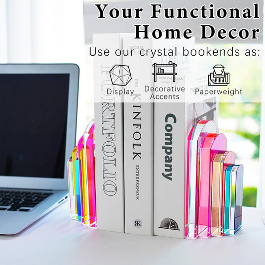 6Lbs Heavy Crystal Bookends Square Geometric Crystal Bookends Decorative Bookends for Shelves Stylish Book Stoppers for Heavy-Duty Use Non Skid Sturdy(1 Pair,Colorful)