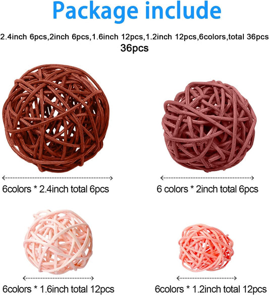 Patelai 36 Pcs Wicker Rattan Balls Decorative Balls for Vase Centerpiece Bowls Orbs Filler for Home Decor,4 Sizes(Blue, Light Brown, Dark Brown, White,2.4'',2'',1.6'',1.2'')