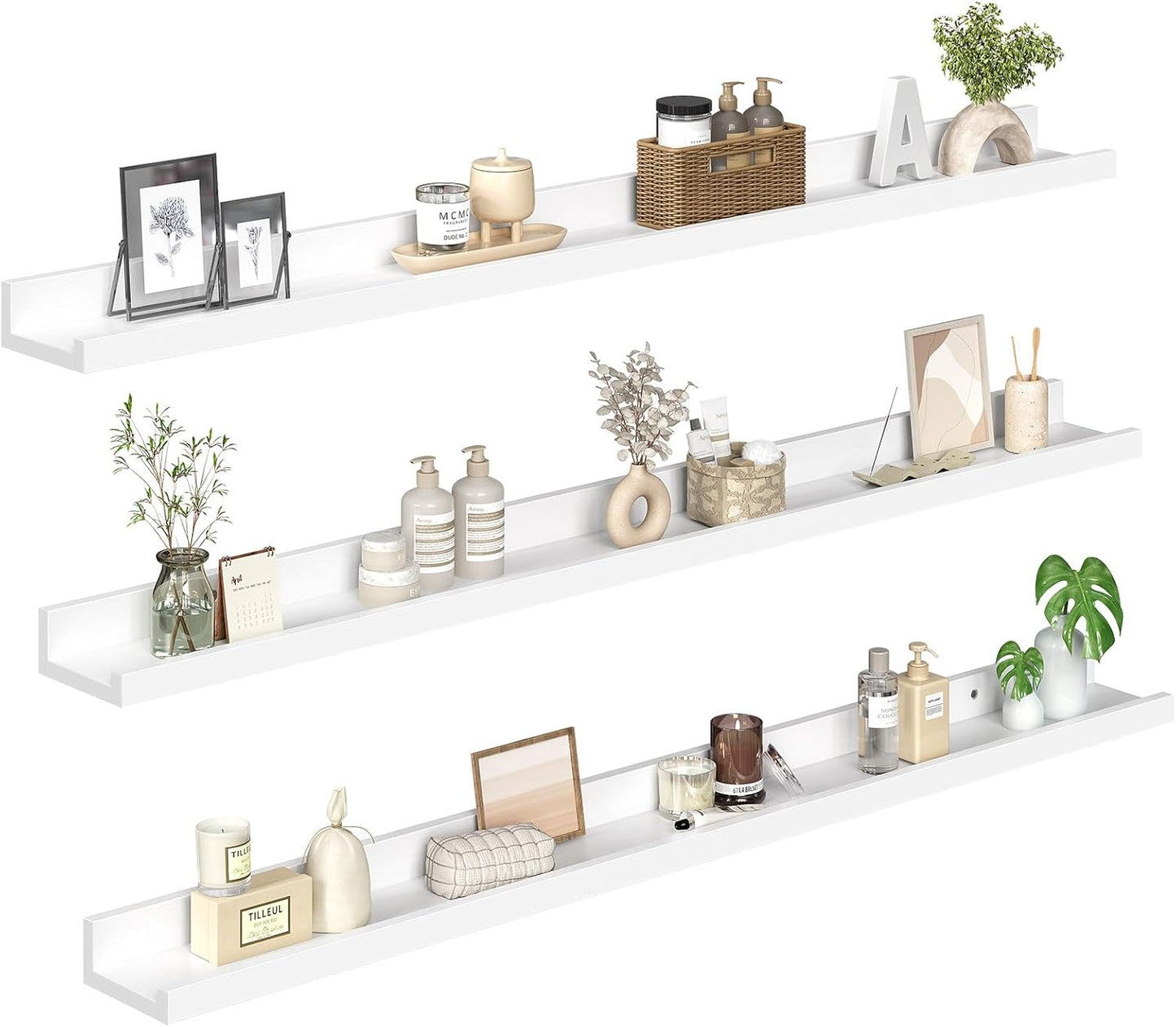 HOOBRO Floating Shelves, Wall Shelf Set of 3, 35.4 Inches Hanging Shelf with Raised Edge and Invisible Brackets, for Bathroom, Bedroom, Kitchen, Office, Living Room Decor, Rustic Brown BF90BJ01