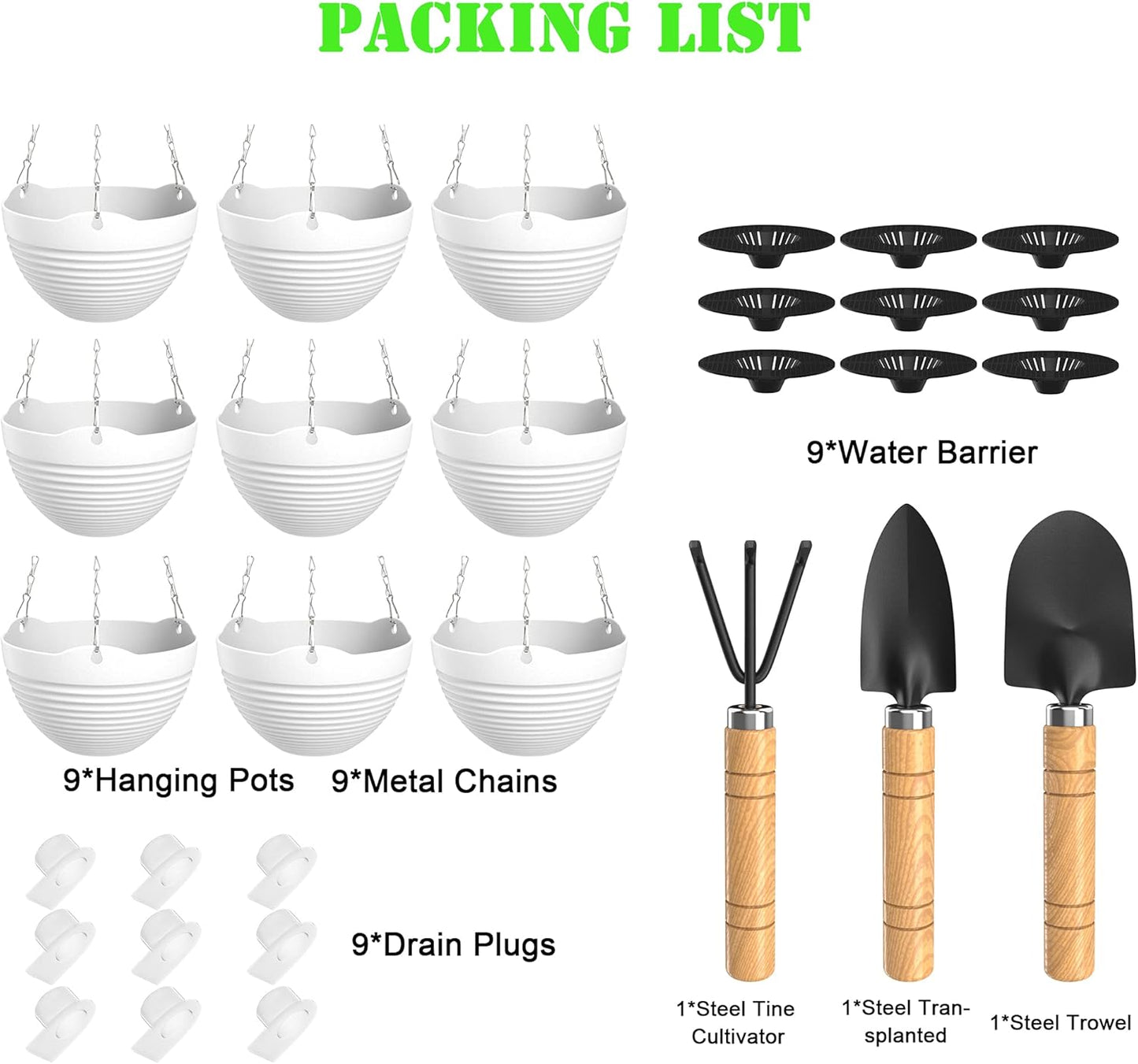 Hanging Planters, Set of 9 White Hanging Pots, 8" Hanging Flower Pots, Plant Pots with Drainage Plugs, Water Barrier and Chains, Come with Free Mini Garden Tools Set