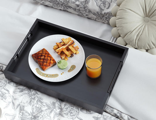 Fibogollo Bamboo Serving Tray with Metal Handles,15x10in Ottoman Decorative Trays Platter for Coffee Table,Living Room,Bar,Party,Medium(Black)