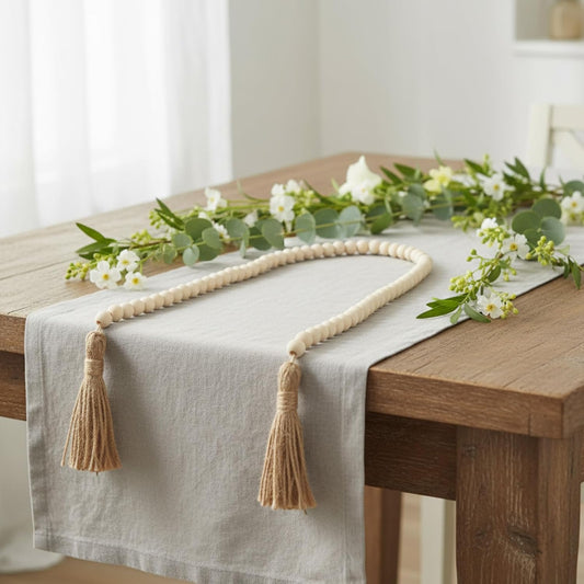 Equsion Seasonal Wooden Bead Garland with Tassels, 3.3 ft Holiday Vintage Boho Bead Garland Easter Tray Decoration, Vase Wall Room Art Birthday Party Decoration(Pink)