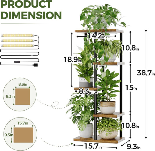 Bamworld Plant Stand with Grow Light for Indoor Plants Corner 7 Tier Metal Plant Shelf Wood Flower Stand for Home Living Room Decor Patio Decor
