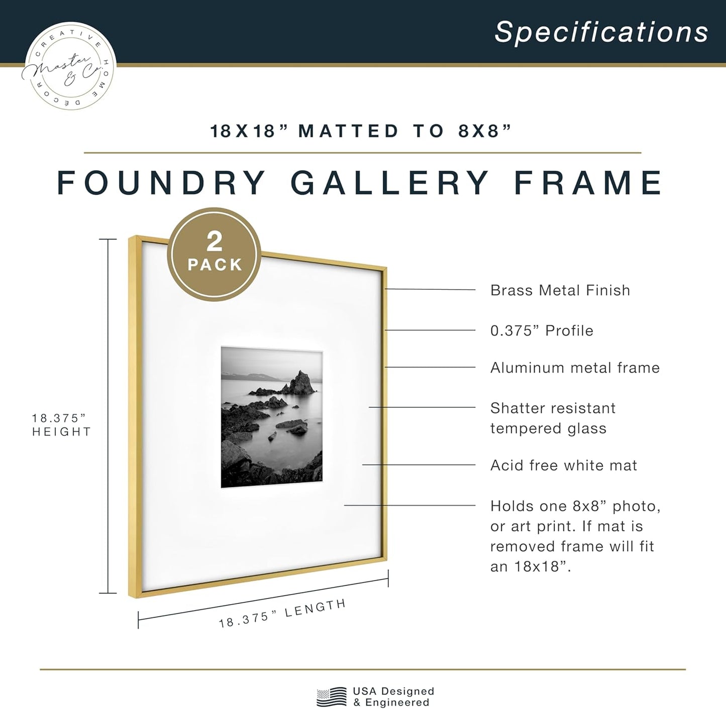 MCS Master & Co. Foundry Metal 18x18 Matted Picture Frame with 8x8 Photo Display, Black Vertical & Horizontal Wall Hanging Frame for Photos & Artwork (1-Pack)