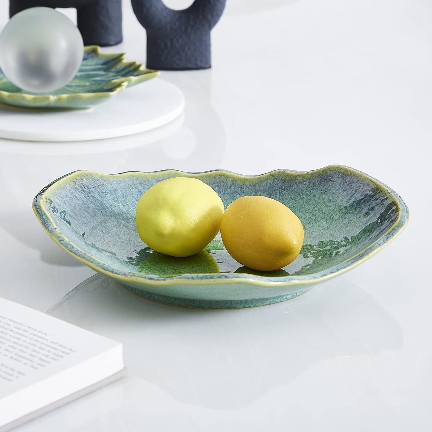 Large Ceramic Decorative Bowl – Blue Reactive Glaze Centerpiece Bowl, Modern Coffee Table Decor Dish, Entryway Catchall Key Bowl, Decorative Fruit Bowl for Dining Table Living Room (12” Dish)