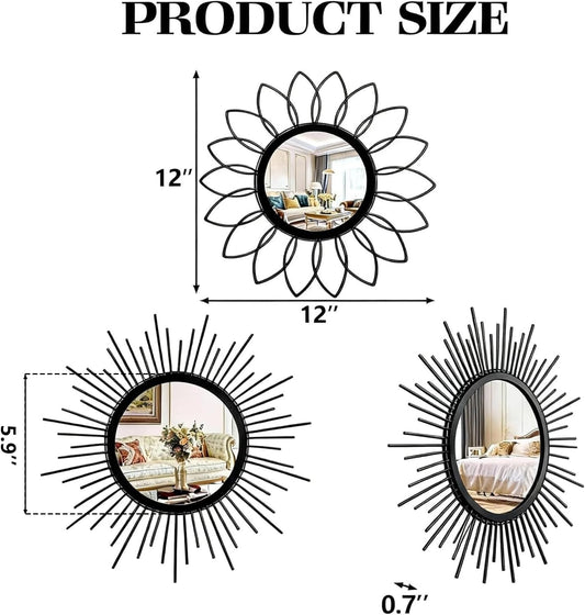 Boho Sunburst Wall Mirror Set of 3, 12 Inch Round Antique & Modern Metal Wall Art, Hanging Over The Door Mirrors for Wall Decor in Living Room, Bedroom, Bathroom, Entryway(Gold)