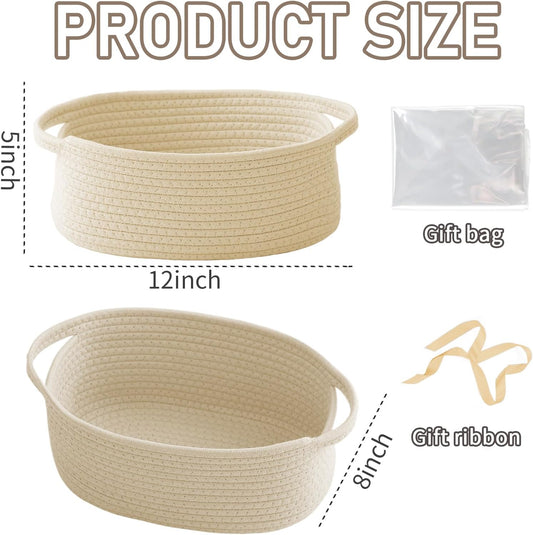 JMvicyroam Woven Basket,Small Rope Storage Bin with Handles & Ribbon Bag, Organizer for Shelves Closets,Gift Basket Empty for Birthday,Books,Dog Toys,White