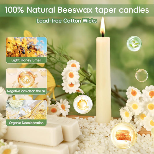 12 Pack Beeswax Taper Candles,8in Dripless Pure Beeswax Candles Non Toxic,8 Hours Long Burning 100% Natural Candle Sticks,Smokeless and Unscented Bees Wax Candle for Home,Prayer,Tall Tapered