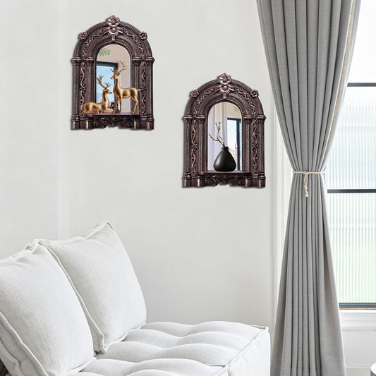 Three-Dimensional Relief Candle Sconces Set 2 Rustic Wall Mount Candle Holders Wood Hanging Wall Decor Mirrored Wall Art Hand Carved Home Decoration Gold