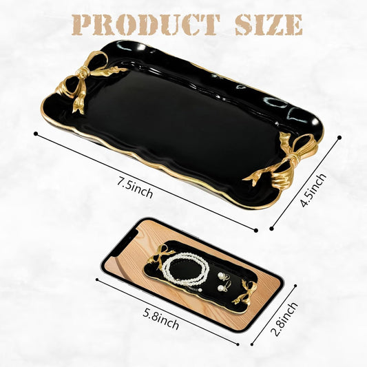 Warmtree Vintage Jewelry Organizer, Decorative Tray for Jewelry, Towel, Storage, Rings, Bracelets, Earrings, Cosmetics, Retro Design, Bow Decor Resin Plate Coquette for Room Decor, White
