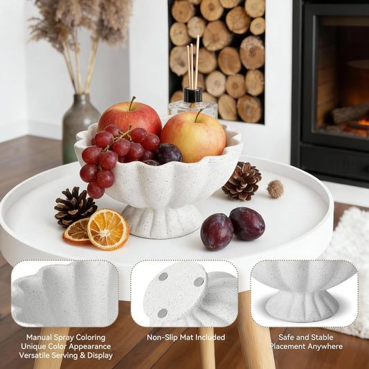 Pedestal Decorative Bowl Home Decor - Morden Handicraft Decorative Fruit Bowl for Kitchen Counter, Chic Ruffle Bowl Centerpiece Decor for Dining Table Coffee Table (Spotted White)
