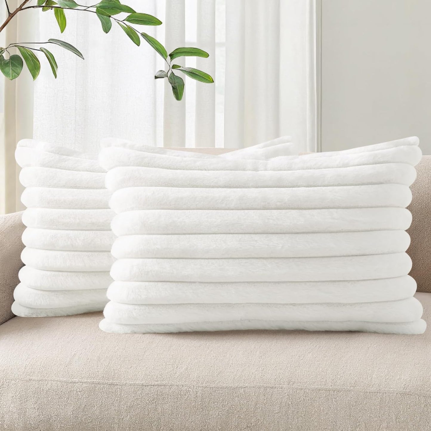 Pallene Faux Fur Plush Throw Pillow Covers 18x18 Set of 2, Luxury Soft Fluffy Striped Decorative Pillow Covers for Sofa, Couch, Living Room, Cream White
