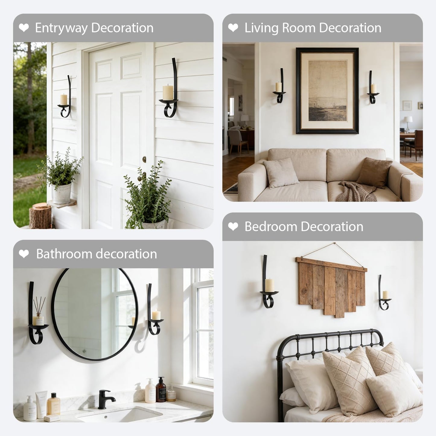 Set of 2 Black Wrought Iron Wall Mount Candle Sconces - Farmhouse Style Hanging Candle Holders for Living Room, Bathroom, Dining Room, and Window Decor (2, Black-B Style)