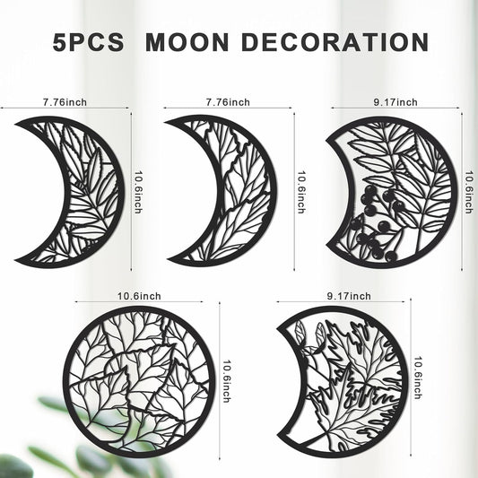 Jetec 5 Pcs Moon Phase Wall Art Decor Wall Pediments Hanging Wooden Phase Spiritual Bedroom Nordic Boho Lunar Aesthetic Art for Living Room Dorm Apartment Ornament(Brown,10.6 Inch,Botanical)