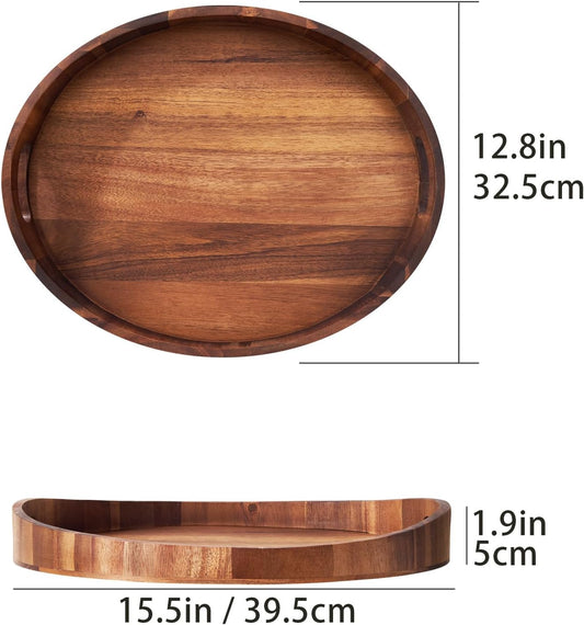 SARUFO Acacia Wood Round Ottoman Tray – Decorative Serving Tray with Handles for Coffee Table, Breakfast in Bed, Living Room, Kitchen Counter, Candle Display, Tea Party, Lunch, Dinner, Bathroom