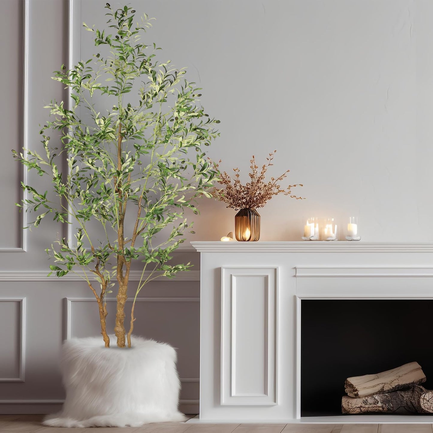 OXLLXO 7.2ft Artificial Olive Tree (85in) with Plastic Nursery Pot Faux Olive Silk Tree, Fruits Fake Plant for Office House Farmhouse Living Room Home Decor (Indoor/Outdoor)