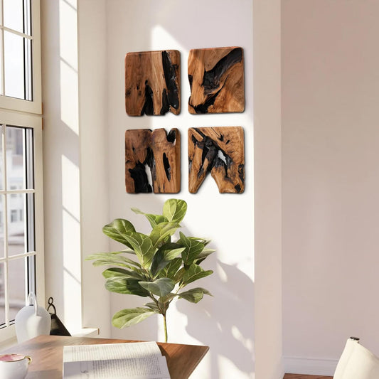 WELLAND 4 Pieces of Handmade Wall Sculptures, Rustic Abstract Wall Décor for Living Room, Bedroom, Bathroom, Dining Room, Home Office,