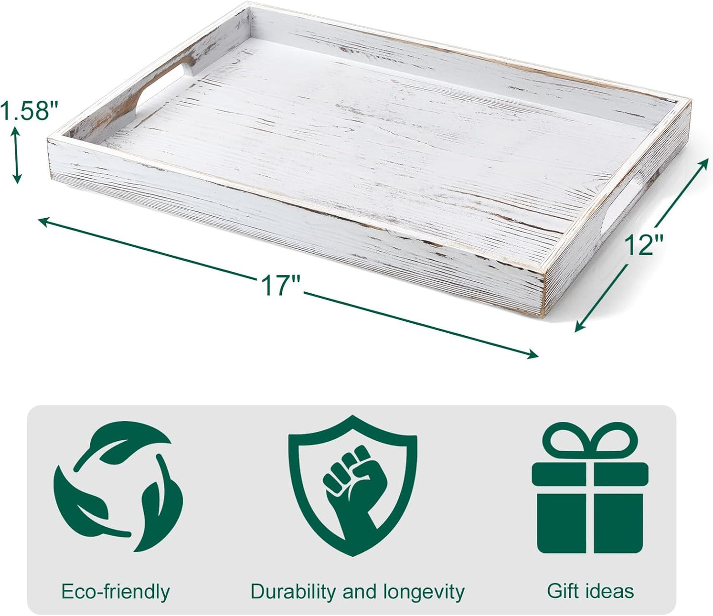 17 Inch Acacia Wood Serving Tray with Handles - Large Wooden Tray for Ottoman, Breakfast in Bed, Dinner, Coffee Table - Decorative Rectangular Tray for Living Room Bedroom Entryway and Kitchen