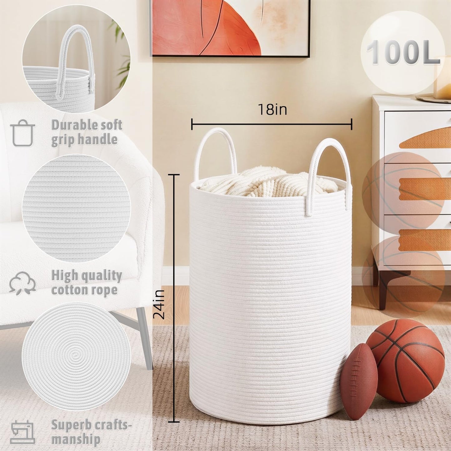 Artfeel Laundry Basket,Woven Cotton Rope Laundry Hamper,60L for Decor Storage of Dirty Clothes,Toys and Blankets in Bathroom,Baby Room and Living Room