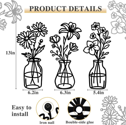 3 Pcs Metal Vase Wall Arts,Iron Art Painting,Rustic Farmhouse Decor Minimalist Flower Wall Decor for Bedroom Bathroom Living Room Dining Room(Blue, Vase-D)
