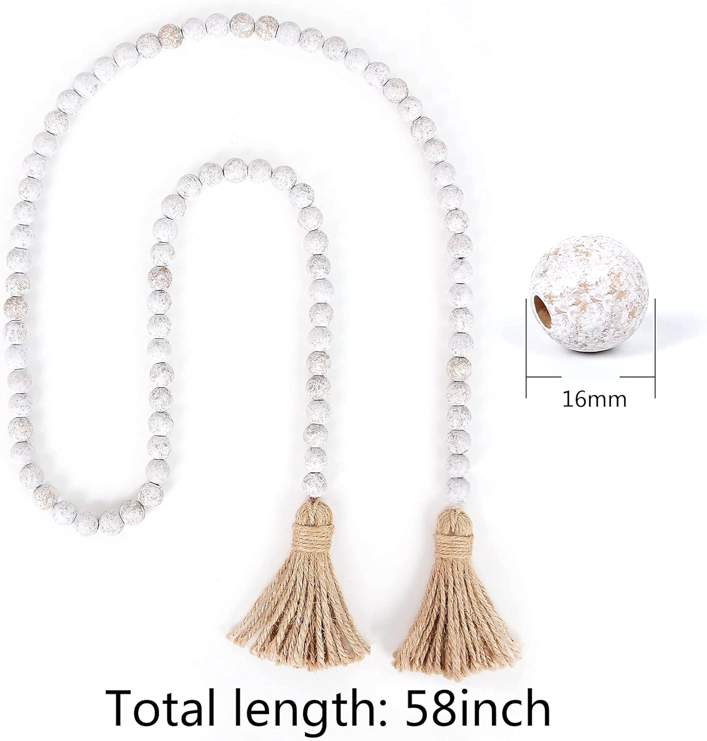 58in Wood Bead Garland with Tassels, Farmhouse Rustic Country Decor Prayer Boho Wall Hanging Decoration (Nature)