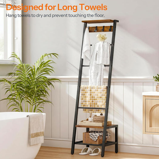 HOOBRO Blanket Ladder, 7-Tier Giraffe Shape Towel Rack for Living Room and Bedroom, 63.4" H Decorative Ladder Shelf with Hooks, Metal Frame, Industrial Style, Rustic Brown and Black BF13CJ01