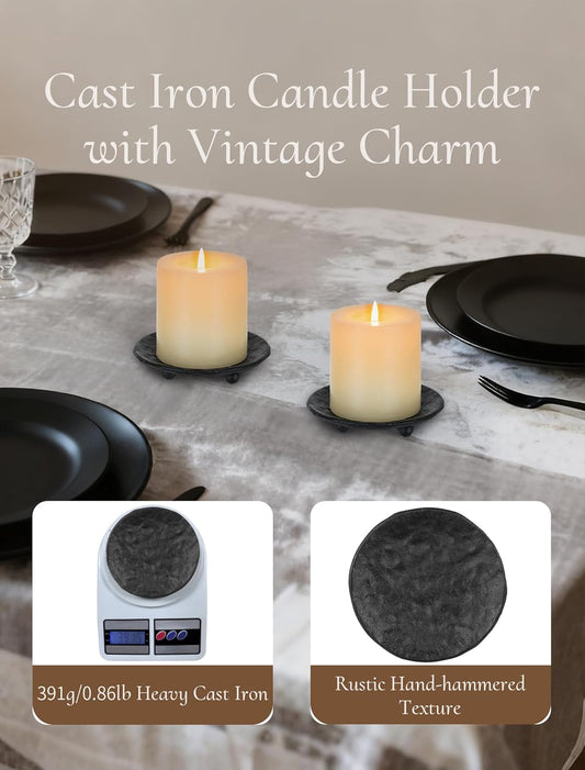 Cast Iron Candle Holder: 4.6 in Pillar Gold Candle Plate Brass Pedestal Stand Vintage Decorative Tray for 3 Wick Jar Candles Tealight Votive for Table Home Christmas Set of 2