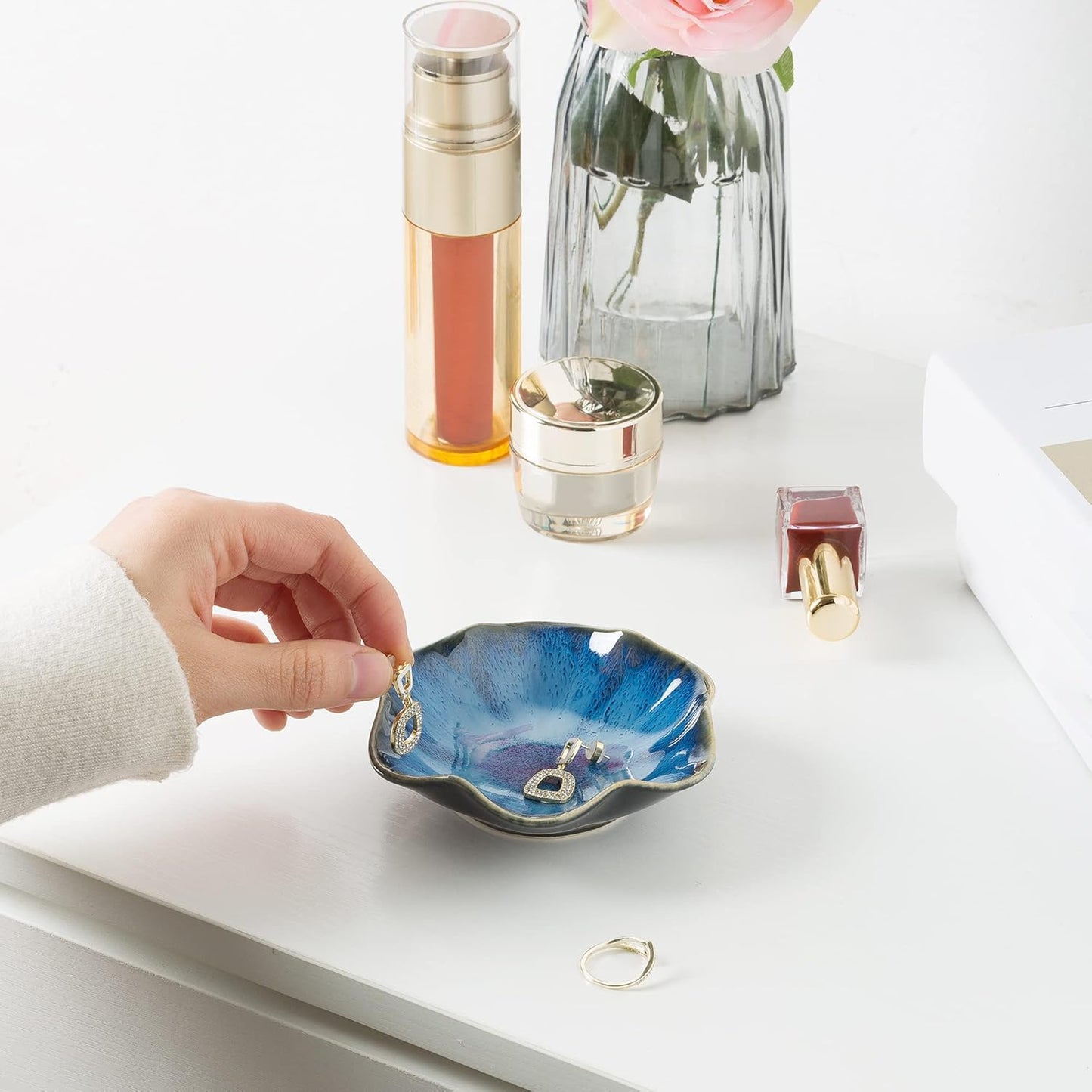 Jewelry Dish Tray, Ring Dish, Ceramic Trinket Tray, Key Bowl, Decorative Plate, for Friends Sisters Daughter Mother (Milky White)
