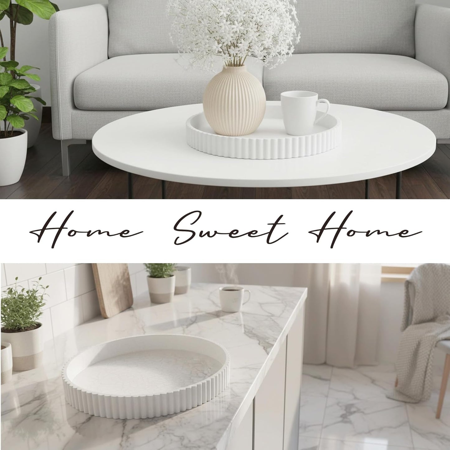 Modern Table Round Decorative Trays 2pcs Home Decor - Circle Coffee Table Centerpiece Set 12"/10" - Wooden Cool Grey Ottoman Tray with Fluted Edge