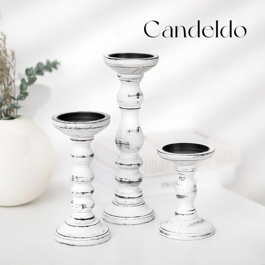 Candeldo Wood Candle Holders for Pillar: Rustic Candles Holder Set of 3 Tall Table Centerpiece Shabby Chic Decor Wooden White Farmhouse Decorations for Fireplace Mantle
