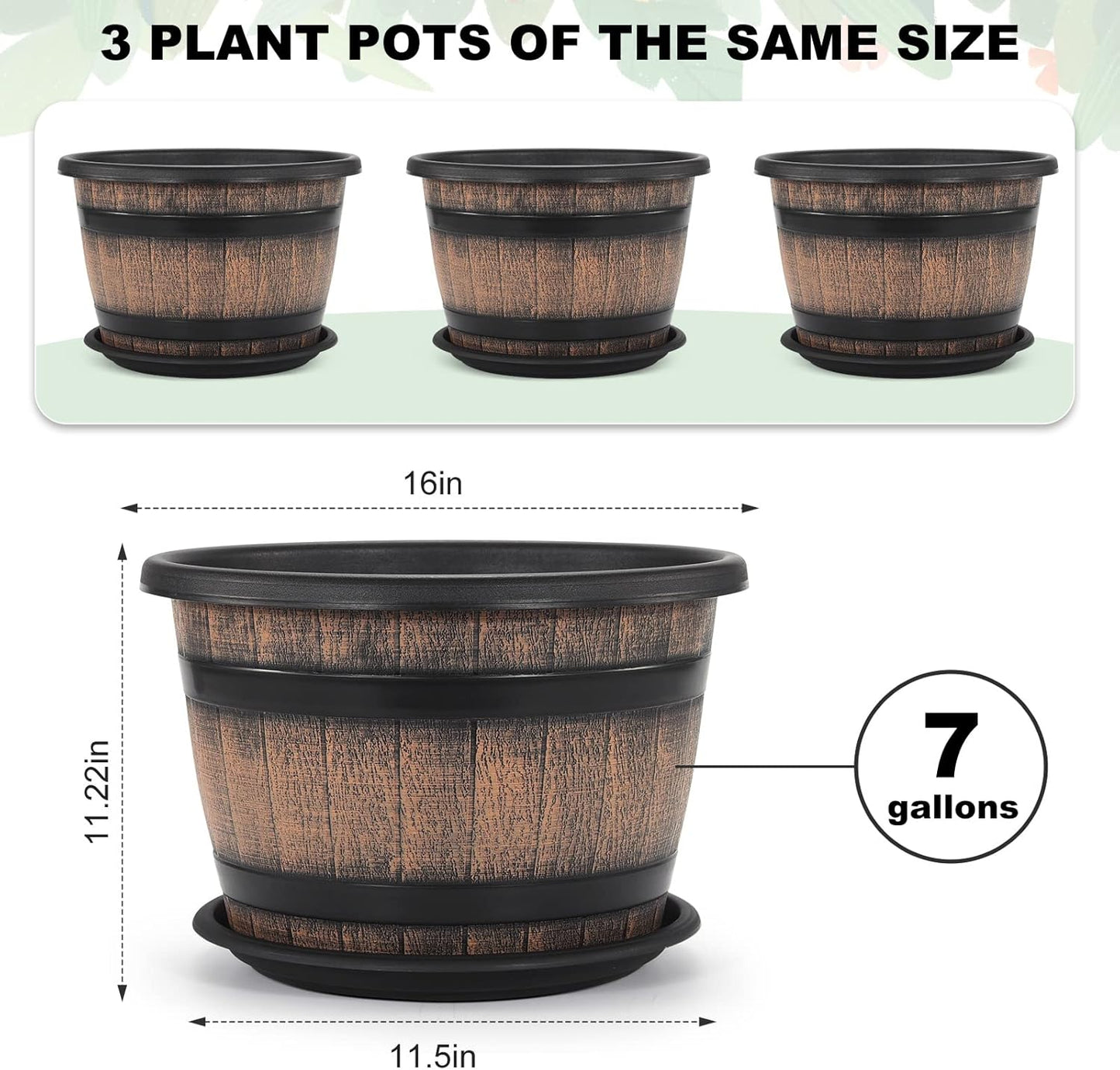 Quarut 3 Pack 10 inch Plant Pots,Whiskey Barrel Planters with Drainage Holes & Saucer, Plastic Decoration Flower Pots Imitation Wine Barrel Design, for Indoor & Outdoor Garden Home Plants (Brown)