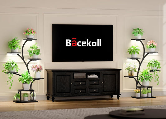 BACEKOLL Plant Stand Indoor with Grow Lights, 7 Tiered Indoor Plant Shelf, 49" Corner Plant Stands for Indoor Plants, Metal Plant Flower Display Shelf, Tree-Shaped Plant Rack for Home, Patio, Brown