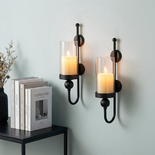 Sziqiqi Wall Candle Sconces Black: Wall Candle Holder Set of 2 for Pillars with Hurricane Glass - Wall-Mounted Metal Candleholder for Living Room Bathroom Bedroom