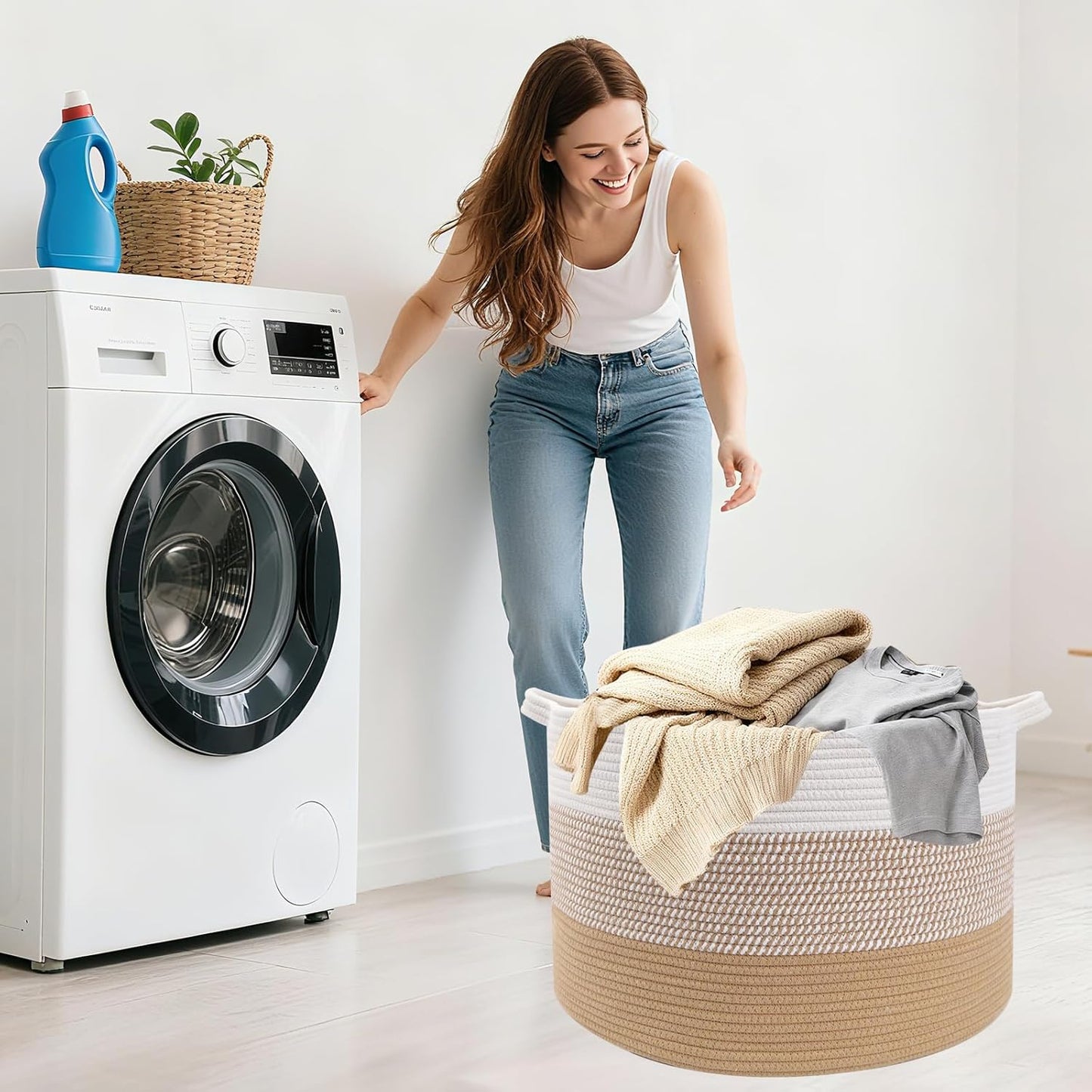 Large Woven Blanket Basket,65L Cotton Rope Laundry Basket Hamper with Handles, Decorative Nursery Basket Storage Bin for Toys, Clothes Organizer, Living Room, Bedroom, Bathroom, White & Brown