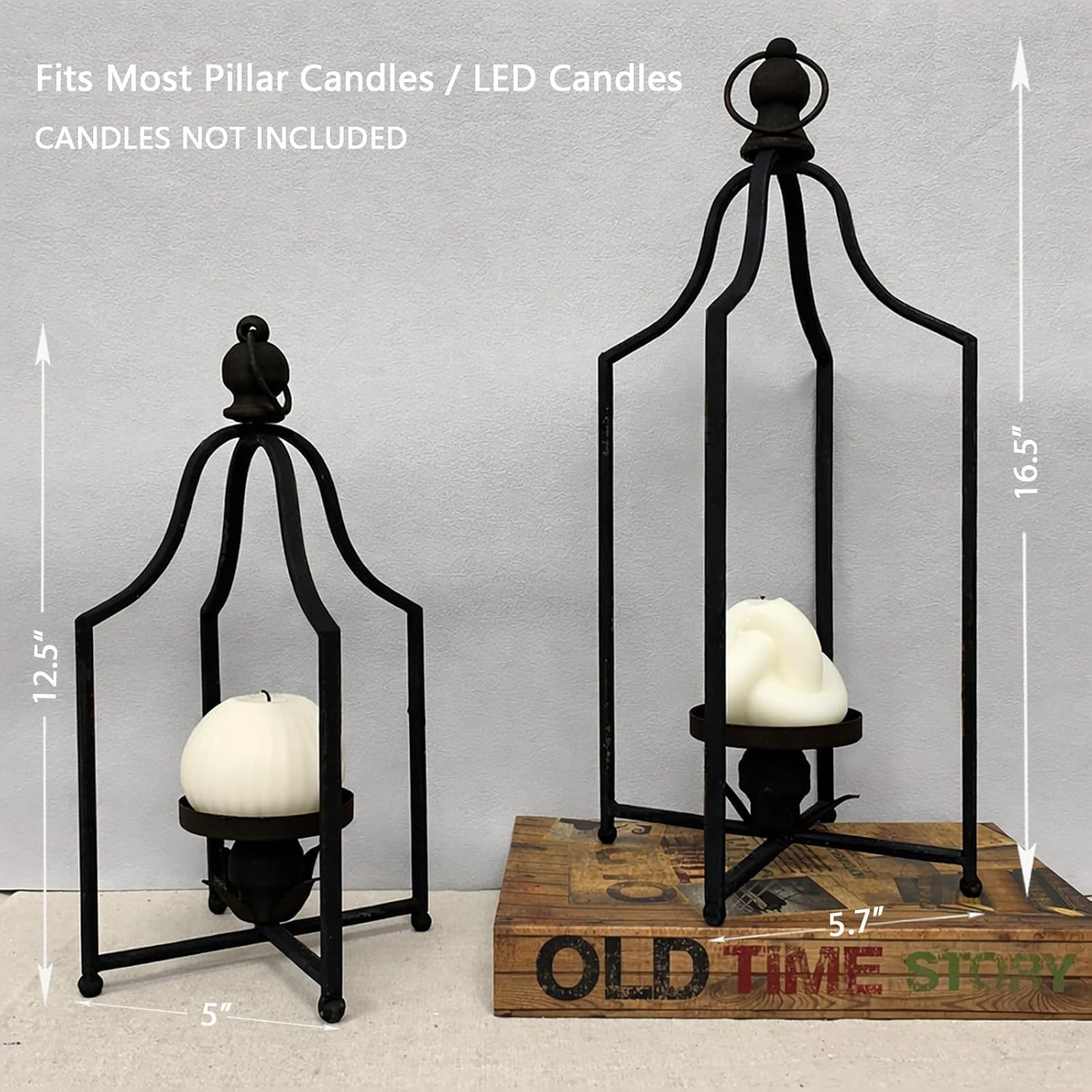 12.5" & 16.5" Timeless Cozy Decorative Lanterns Set of 2, Handcrafted Metal Iron Candle Holders, Farmhouse Elegance Fireplace Mantel Table Festive Gatherings Decor (Antique Gold)
