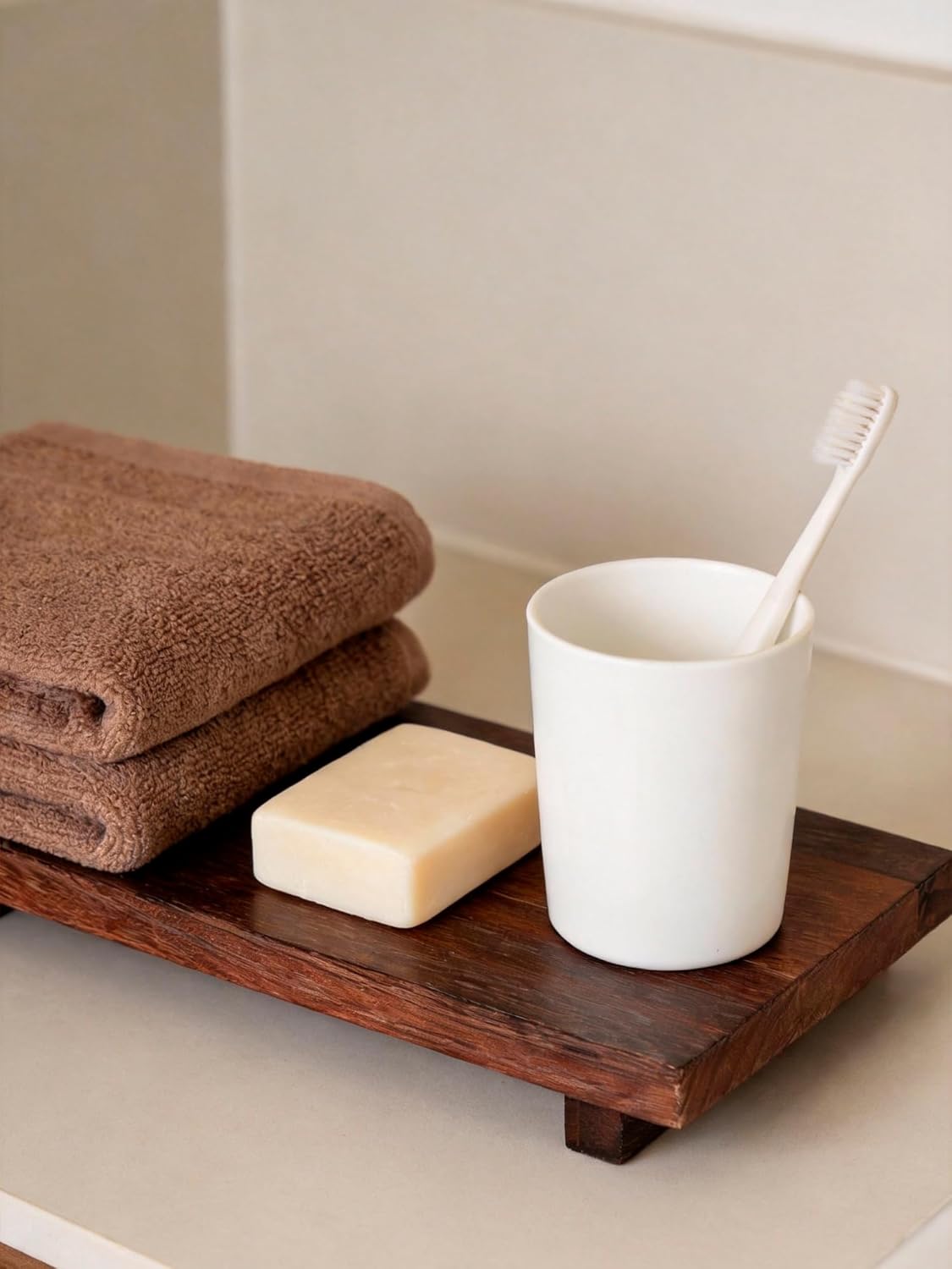 Wood Tray Pedestal Stand, 9 x 6 Inch Decorative Farmhouse Bathroom Decor, Small Rustic Wooden Soap Dish Holder Riser for Kitchen, Counter, Sink, Vanity, Table, Coffee Bar, Brown