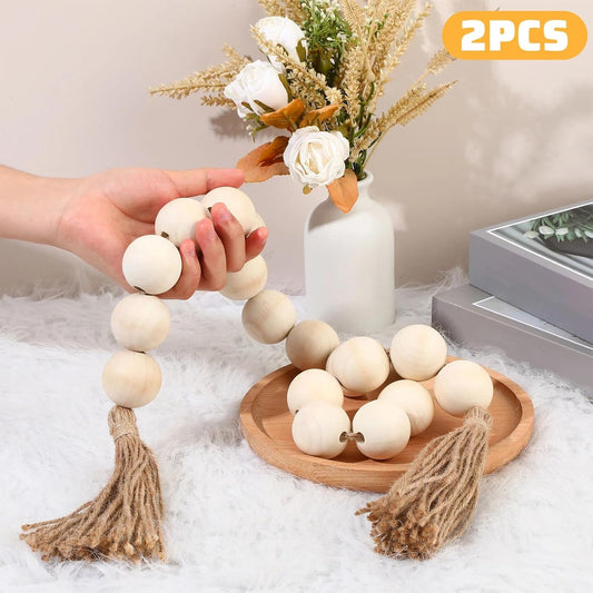 2 Pcs Large Wood Bead Garland with 1.57" Diameter Wood Beads and Tassel, Decorative Beads Boho Home Decor 40'' Long Oversized Wooden Beads Garland Table Decoration for Tiered Tray Wall (White)