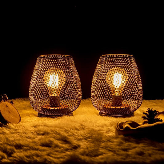 Set of 2 Battery Operated Lamp LED Table Lantern, Brown Metal Cage Cordless Lamps with LED Bulb,Vintage Decorative Outdoor Lantern for Weddings, Parties, Patio, Events for Indoors Shelf Decor