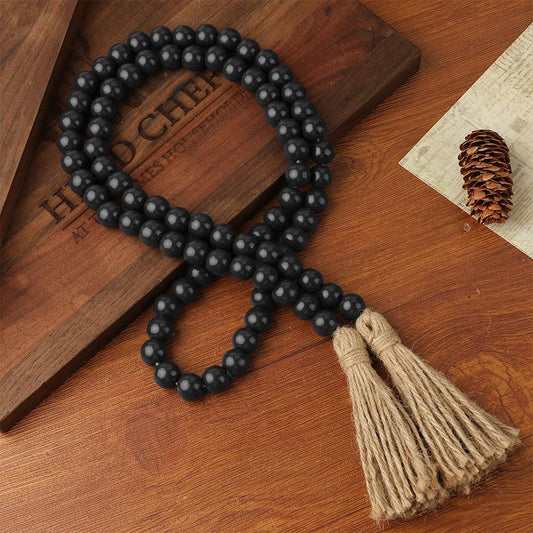 Wood Bead Garland 58 Inch Nature Wooden Beads for Boho Farmhouse Table Home Decor with Tassel, Wooden Prayer Bead, Rustic Country Boho Wall Hanging Decor for Kitchen Modern Living Room Tray Vase Shelf
