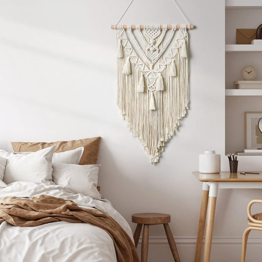 Dremisland Macrame Woven Wall Hanging Boho Geometric Woven Tapestry Beige & Grey Cotton Handmade Bohemian Art Decor with Tassel Craft Ornament for Bedroom Living Room Apartment Nursery (Grey)