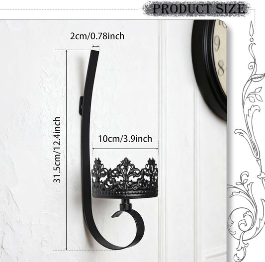 Set of 2 Black Wrought Iron Wall Mount Candle Sconces - Farmhouse Style Hanging Candle Holders for Living Room, Bathroom, Dining Room, and Window Decor (2, Black-B Style)