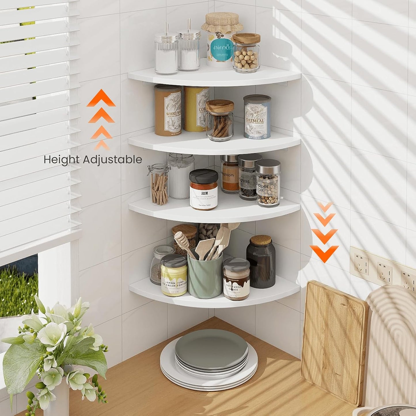Homode Corner Wall Shelf, 12 in Wide Rounded Corner Shelf Floating, Set of 2 Wooden Hanging Corner Shelves with Wire Hole for Bathroom Living Room Office, White