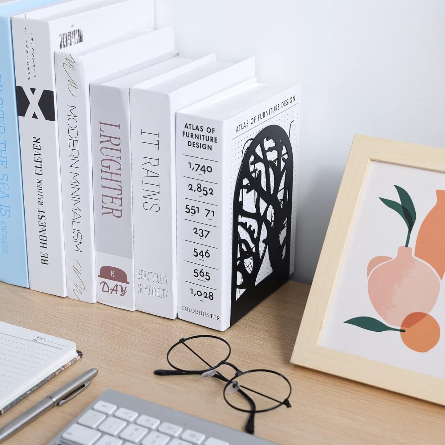 EOOUT Bookends for Shelves Decorative, 5 Pairs of Tree Bookends Supports, Black Metal Book Stoppers for Heavy Books, Heavy Duty Book Ends for Home Office School.
