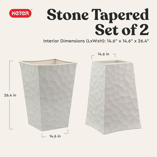 Keter Set of 2 Resin Modern Outdoor 22 Inch Tall Large Flower Pots, Tapered Wood Look Planters for Outdoor Plants and Front Porch Decor, Graphite