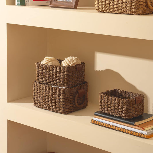 LA JOLIE MUSE Small Wicker Baskets for Organizing, Recycled Paper Rope Storage Basket Container Bins for Shelves Bathroom Cupboards Drawer, Decorative Square Basket Organizer Set of 3