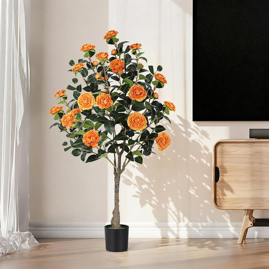 4FT Artificial Camellia Tree 2 Pack 47" Faux Camellia Plant with Black Pot, Realistic Leaves and Silk Floral Blooming for Indoor Outdoor Home Office Porch Decor, Yellow