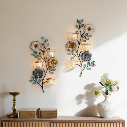 Sziqiqi Candle Sconces Wall Decor: Wall Candle Holder with 6 Glass Cups for Tealight - Colorful Metal Flower and Leaf Sconces for Living Room Bedroom