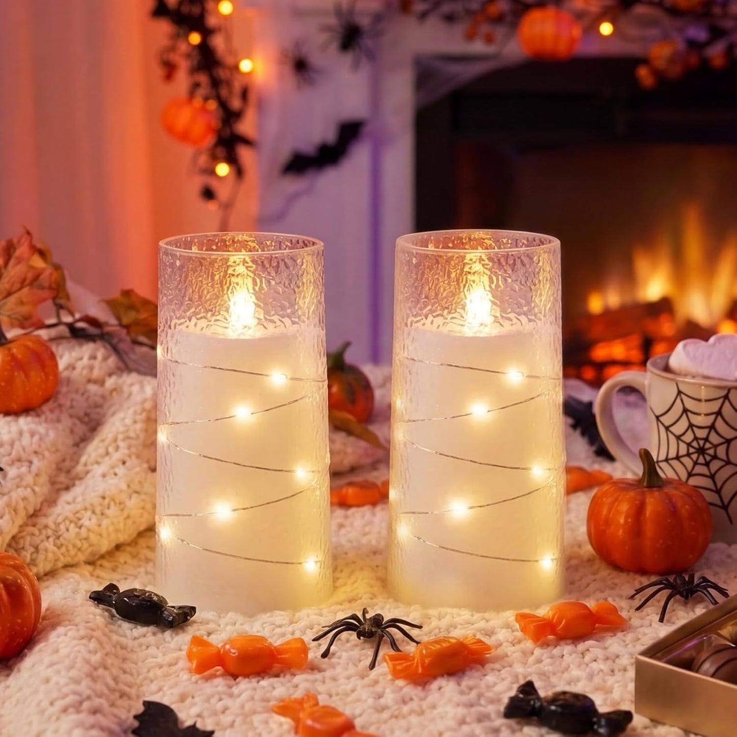 Homemory Flameless Candles with Embedded Star String Fairy Lights, Battery Operated Candles, LED Candle, Fake Candles with Remote Control and Timer for Halloween, Gray Acrylic, Set of 5(H4"5"6"8"8")