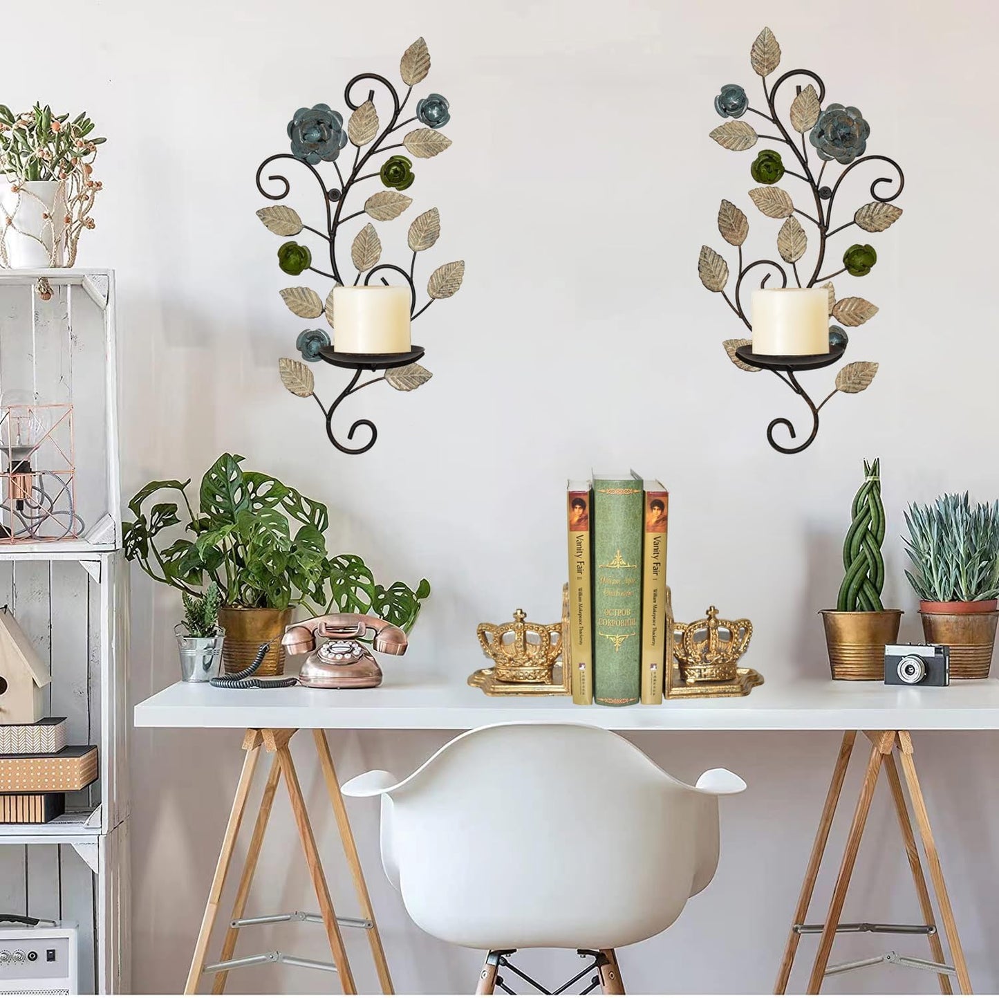 Wall Sconces Candle Holder Set of 2, Antique Multi-Color Leaf Branch Wall Mount Hanging Metal Wall Candle Holder Candle Sconce for Living Room Dining Room…