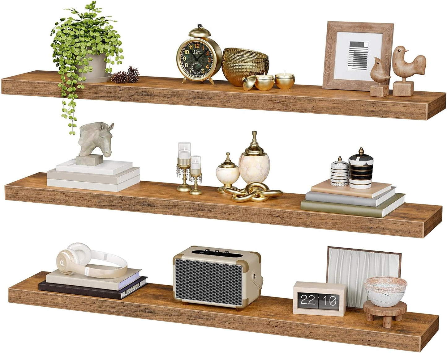 RALGEND Floating Shelves for Wall, 1.5" Thick Wall Shelf Set of 3 with Invisible Brackets, L31.5 x W7.9 Hanging Shelves Farmhouse Home Decor for Bathroom, Living Room, Bedroom, Rustic Brown 8301BJP3BF